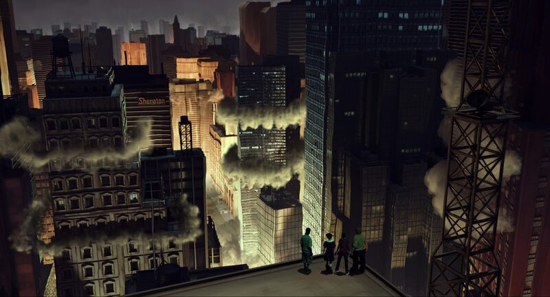 city skyline with smoke and people