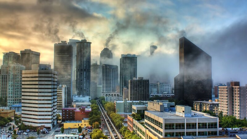 City Skyline with Smoke — Gray, Dramatic