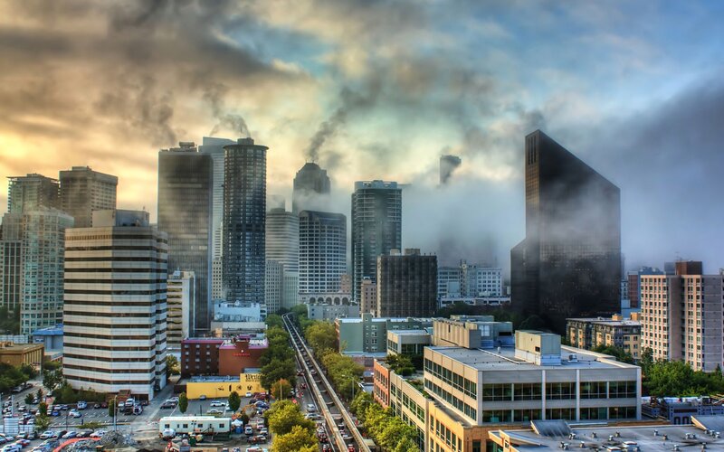 City Skyline with Smoke — Gray