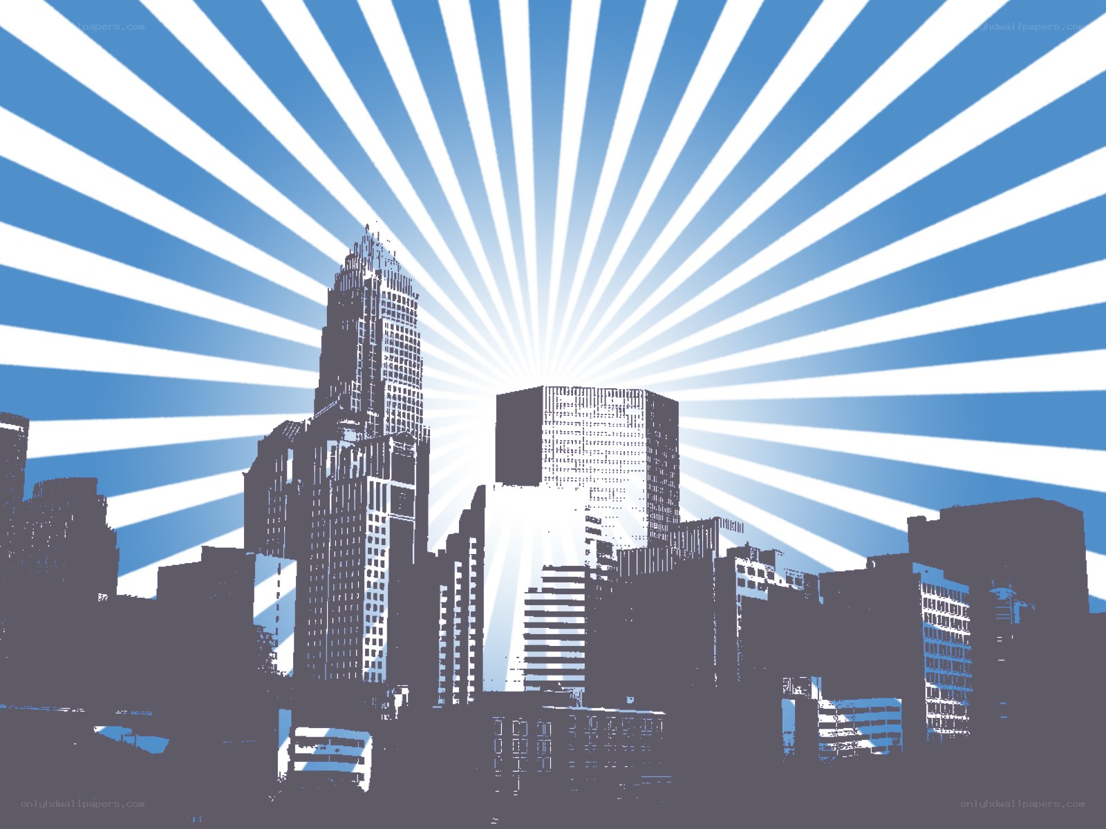city skyline with sunburst