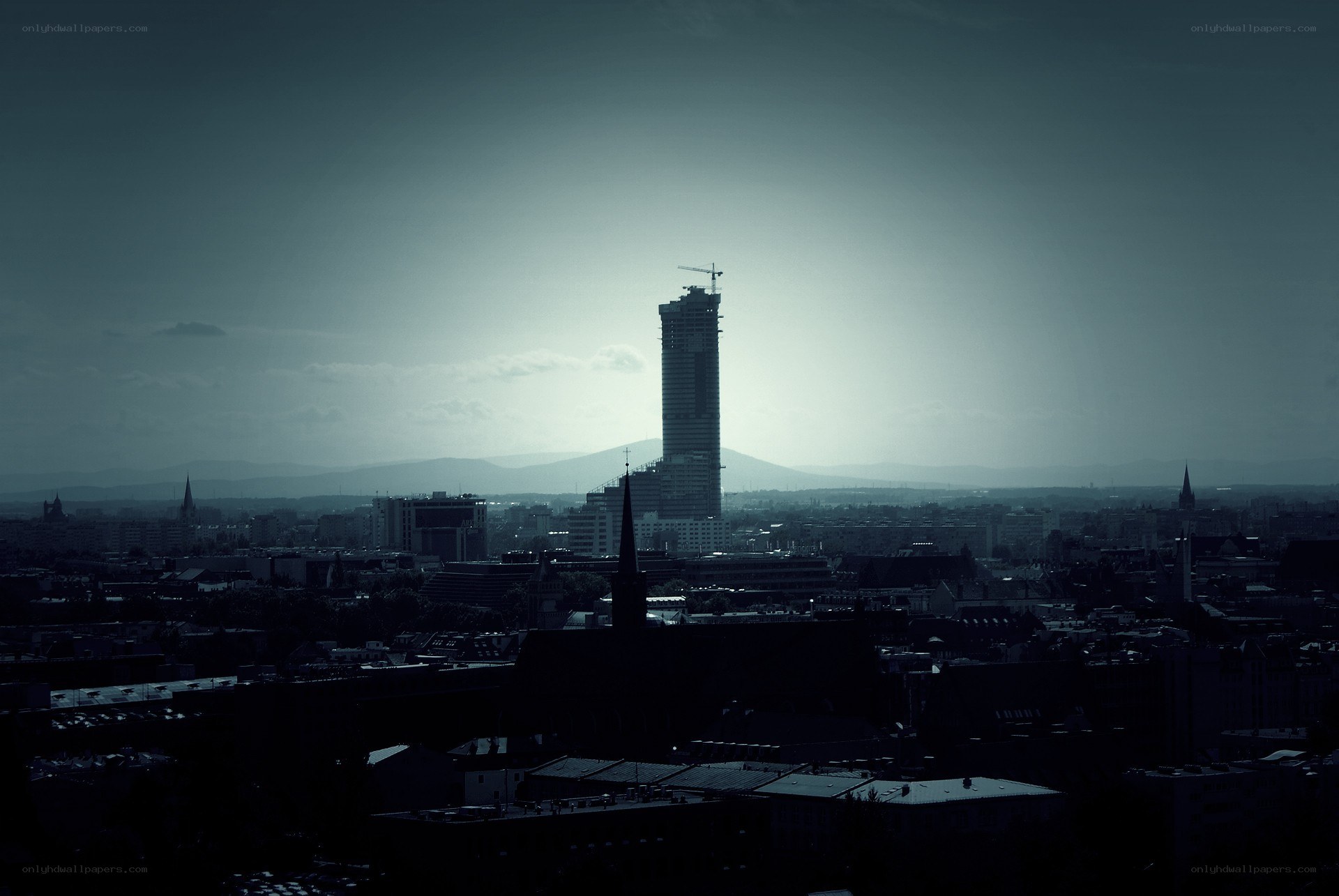 City skyline with tall building