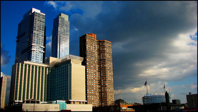 City skyline with tall buildings