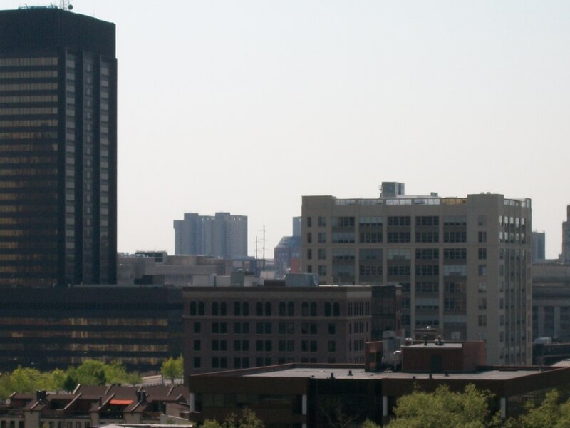City skyline with tall buildings