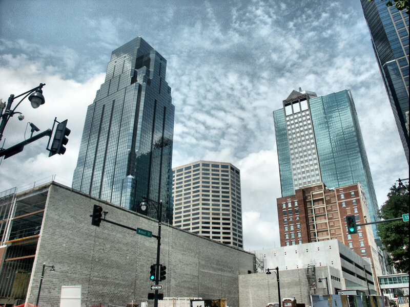 City skyline with tall buildings