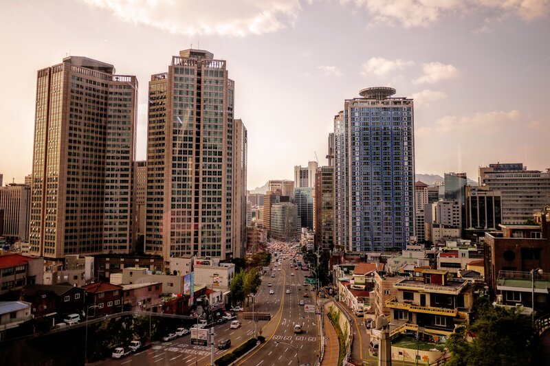 City skyline with tall buildings