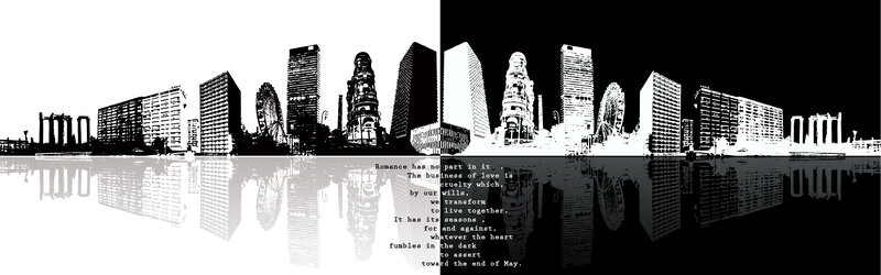 city skyline with text