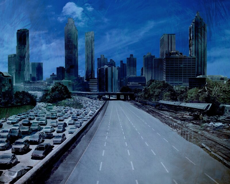 City skyline with traffic congestion