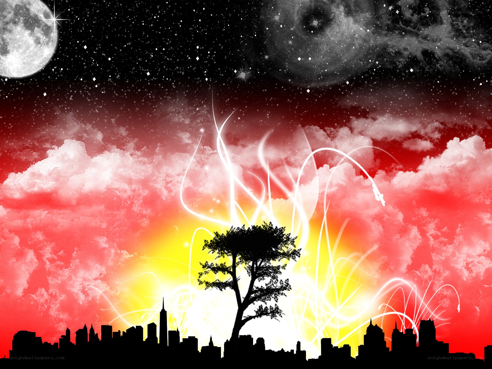 city skyline with tree and fireworks