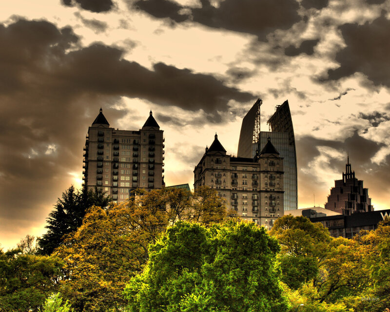 City Skyline with Trees — Green, Dramatic