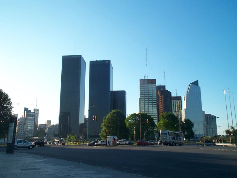 City skyline with twin towers
