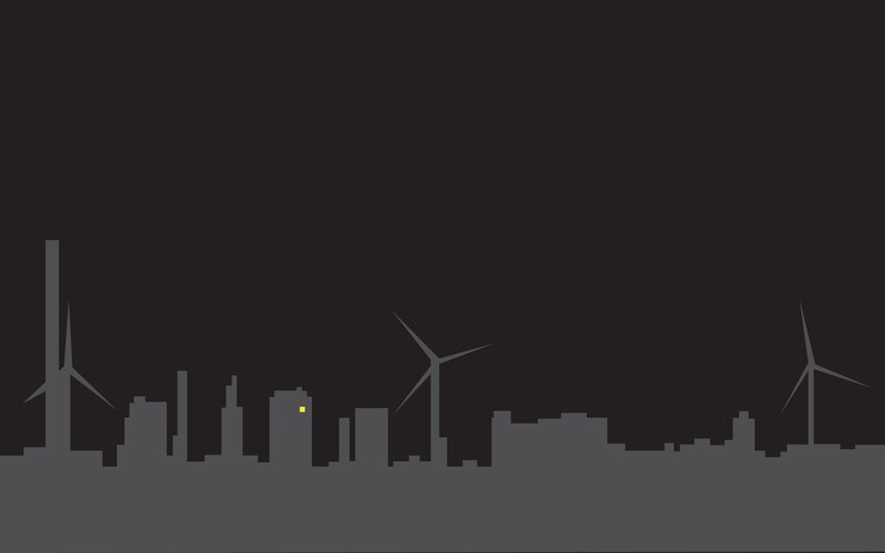 city skyline with wind turbines