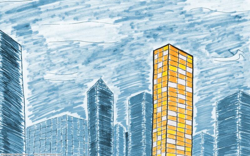 City skyline with yellow building