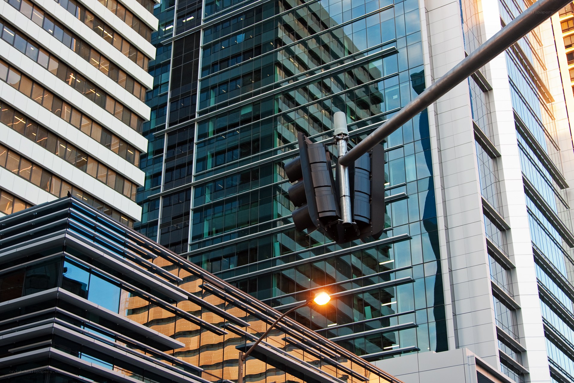 City skyscrapers and traffic light