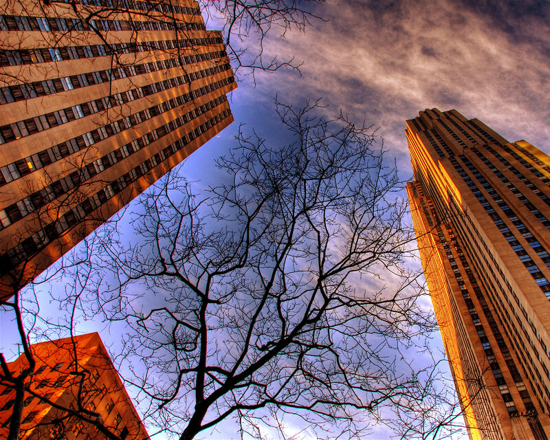 City skyscrapers at sunset