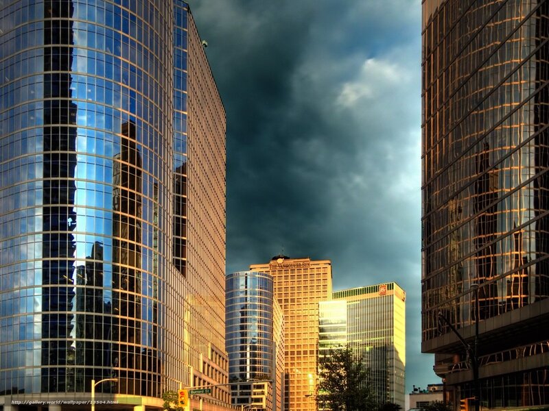 City skyscrapers at sunset