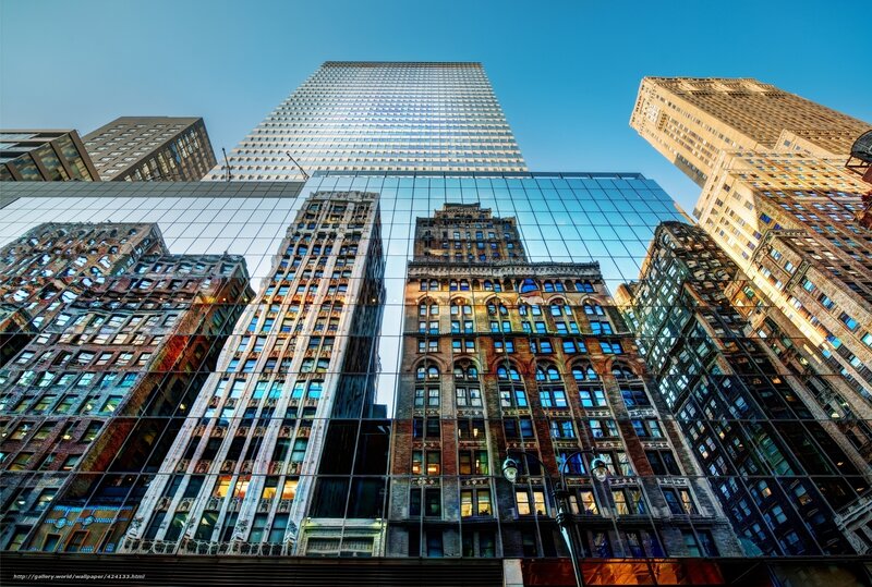 City skyscrapers reflected in glass