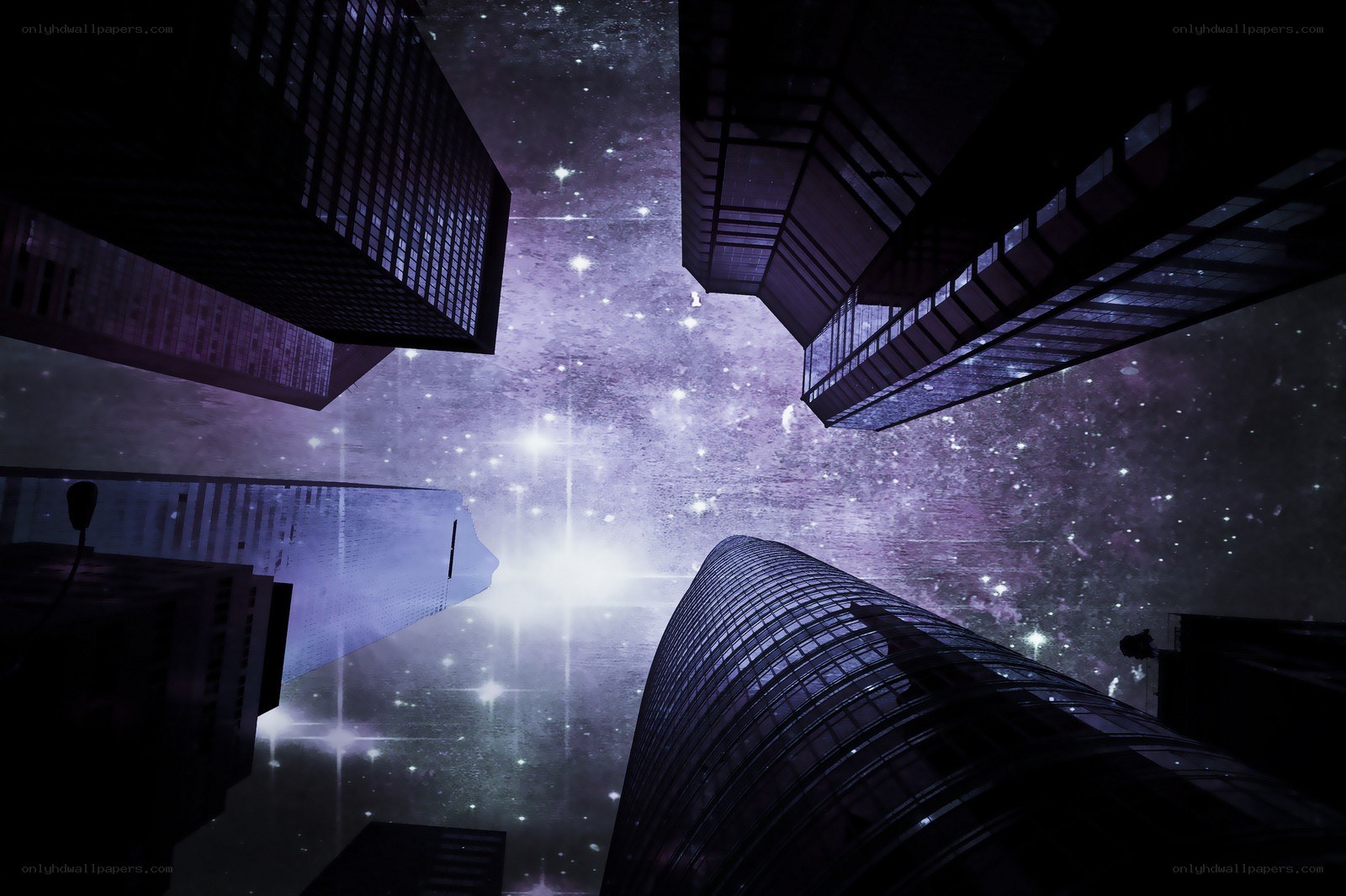 city skyscrapers under starry sky
