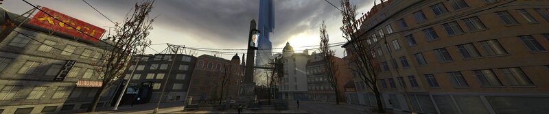 city square with monument and billboards