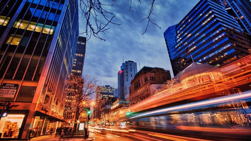 City Street at Dusk — Blue, Dramatic, Night, Photograph