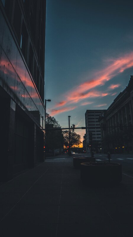 City Street at Dusk — Blue, Dramatic, Sunset, Photograph, Buildings, Sky
