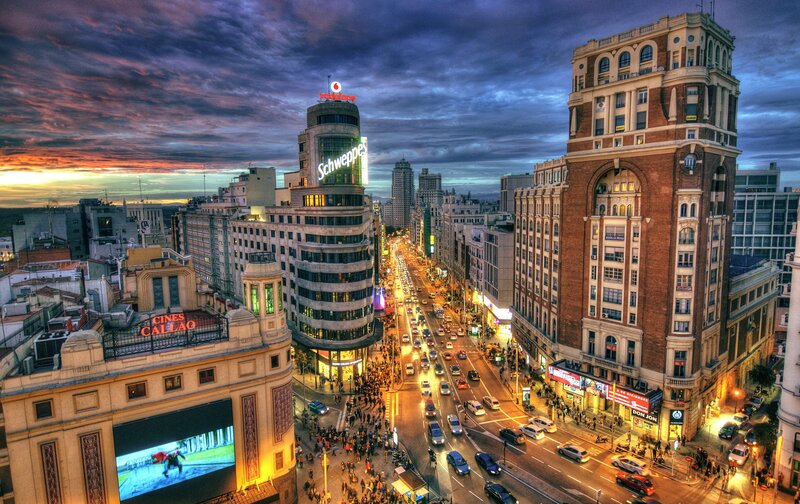 City Street at Dusk — Blue, Dramatic, Sunset, Photograph, Buildings