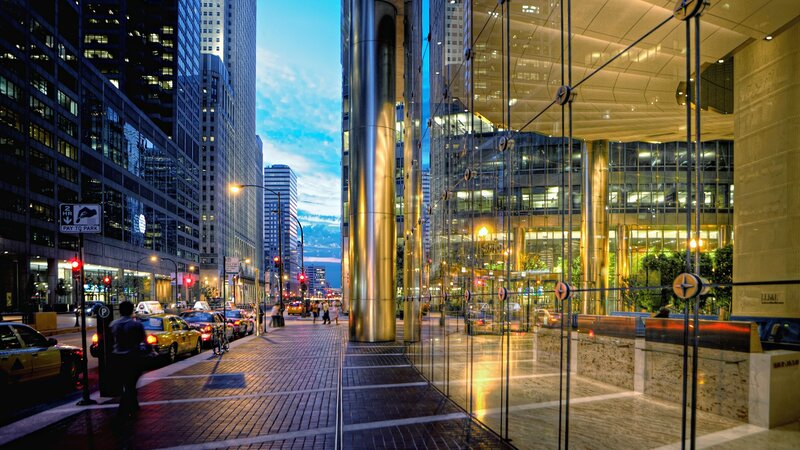 City Street at Dusk — Blue, Dramatic, Sunset, Photograph