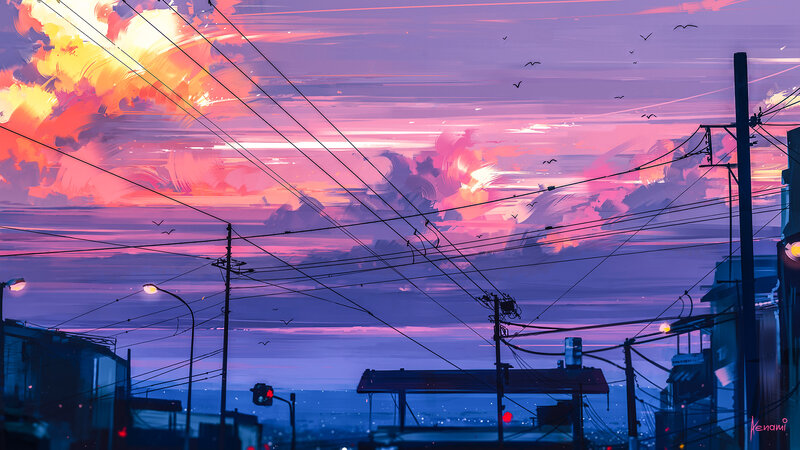City Street at Dusk — Purple, Dramatic, Sunset, Digital Art