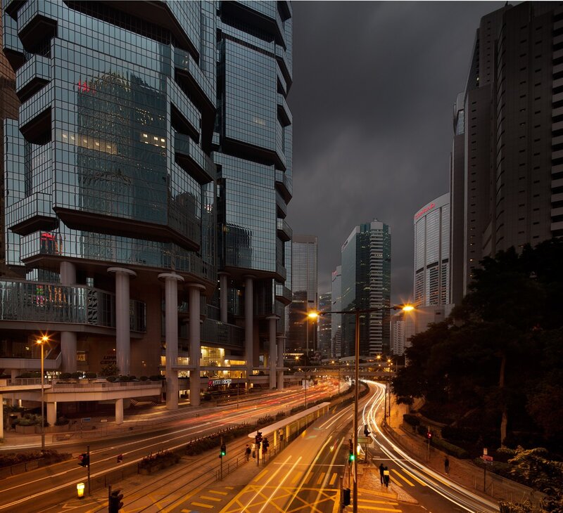City street at dusk with light trails