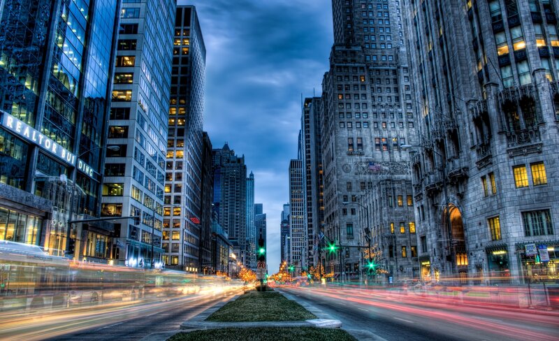 City street at dusk with light trails