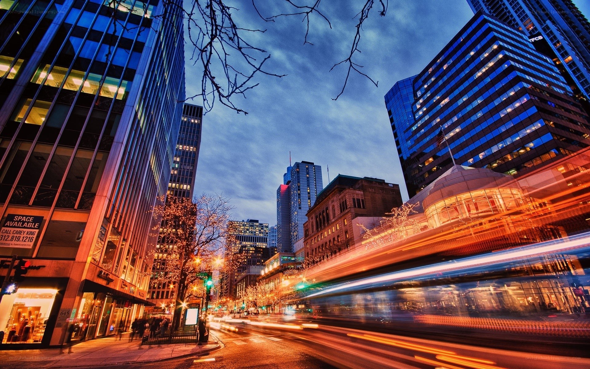 City street at dusk with light trails
