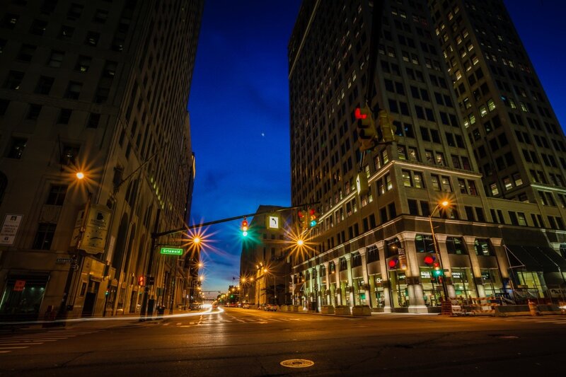 City street at dusk with traffic lights