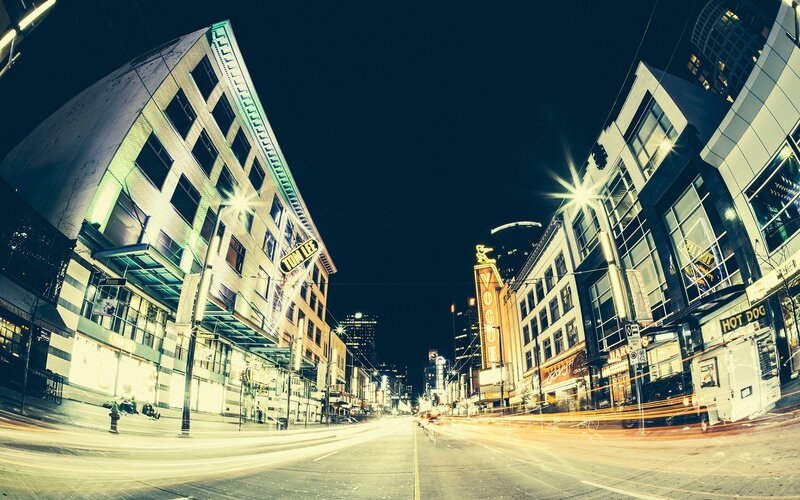 City Street at Night — Black, Dramatic, Photograph, Buildings, Lights