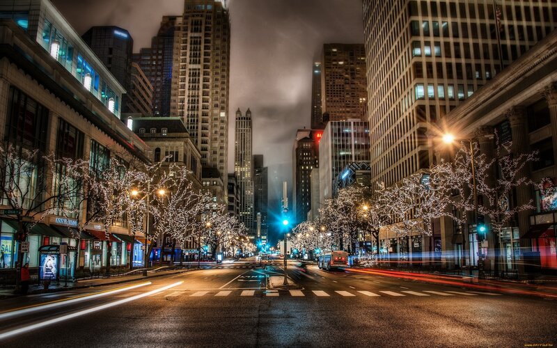 City Street at Night — Black, Dramatic, Photograph, Buildings, Trees, Lights