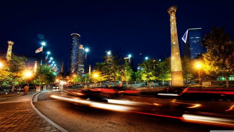 City Street at Night — Black, Dramatic, Photograph, Skyscrapers