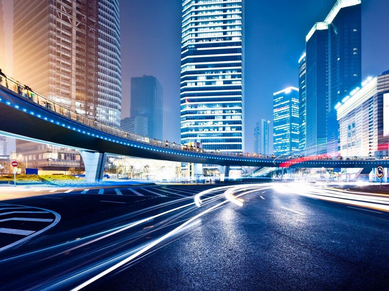 City Street at Night — Blue, Dramatic, Photograph, Skyscrapers