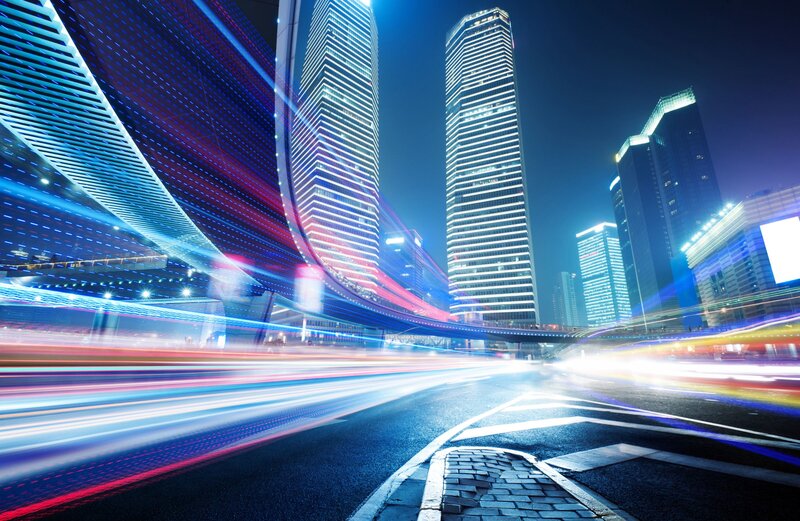 City Street at Night — Blue, Dynamic, Photograph