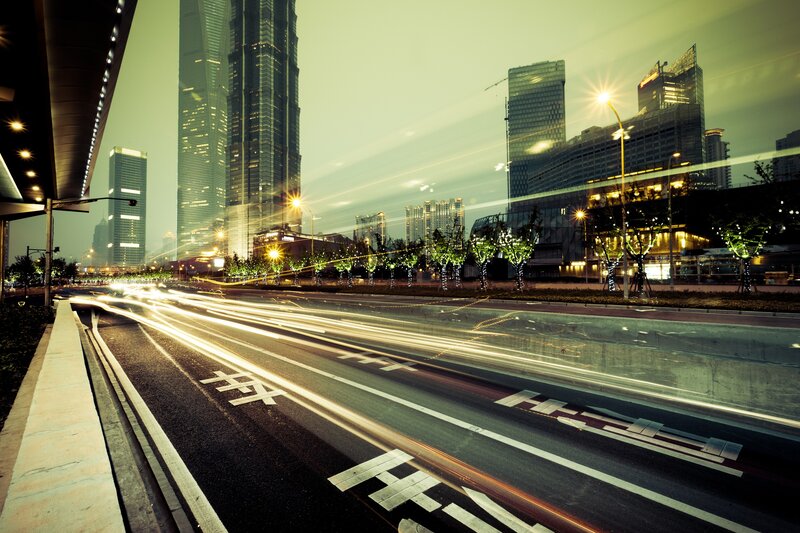 City Street at Night — Green, Dramatic, Photograph, Skyscrapers, Light Trails