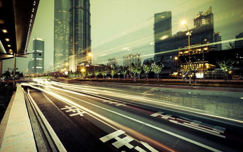 City Street at Night — Green, Dramatic, Photograph, Skyscrapers