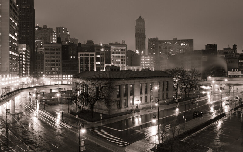 City street at night in sepia