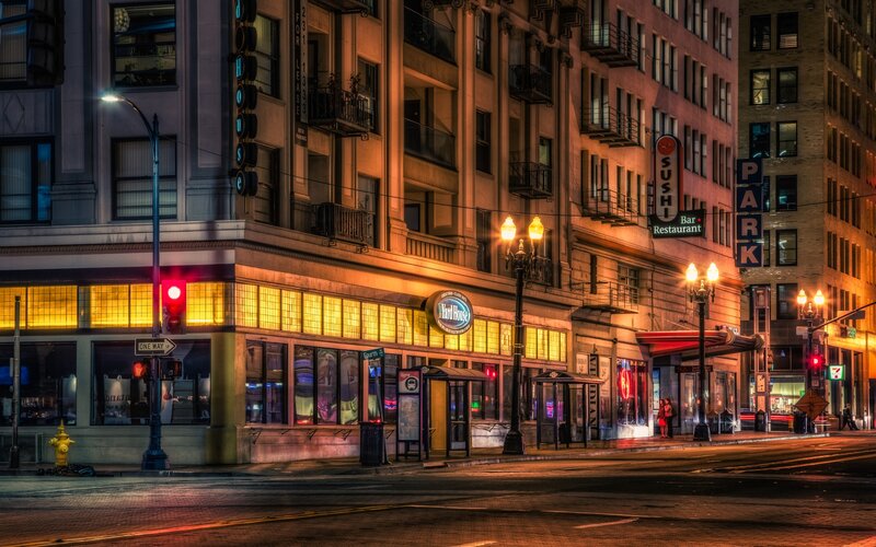 City Street at Night — Orange, Dramatic, Photograph