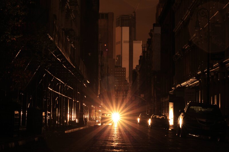 City street at night with bright lights