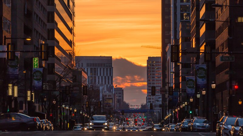 City Street at Sunset — Orange, Dramatic, Photograph