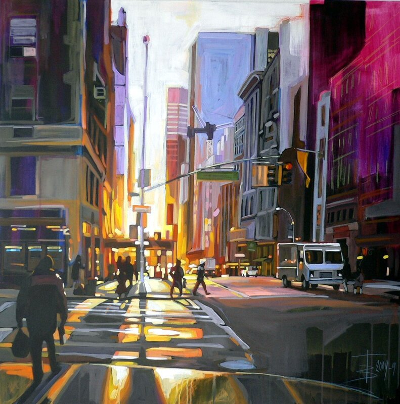 City Street at Sunset — Yellow, Dramatic, Painting