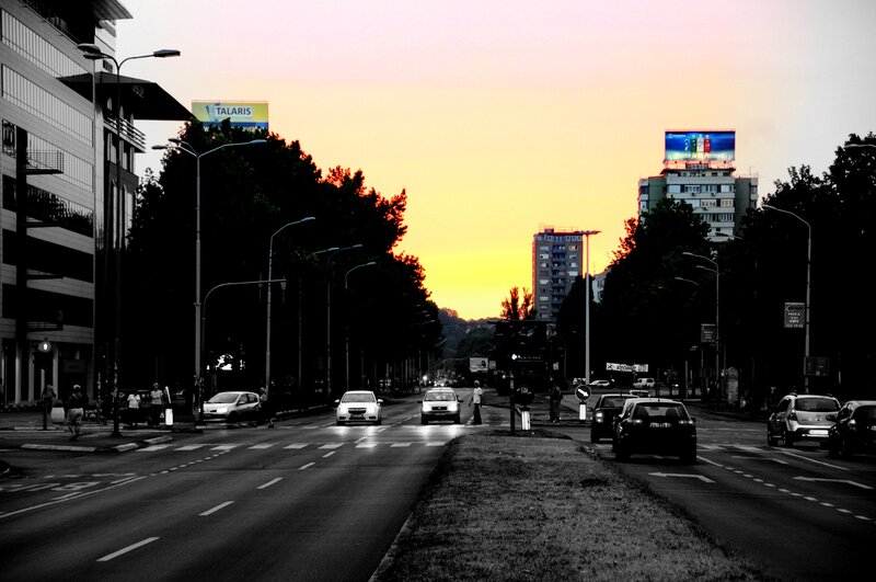 City Street at Sunset — Yellow, Dramatic