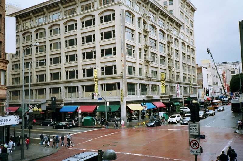 City street corner with historic building