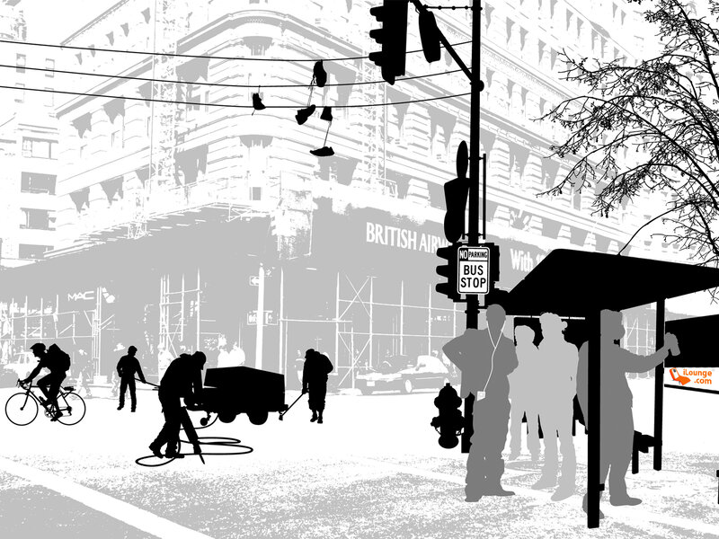 City street scene with silhouettes
