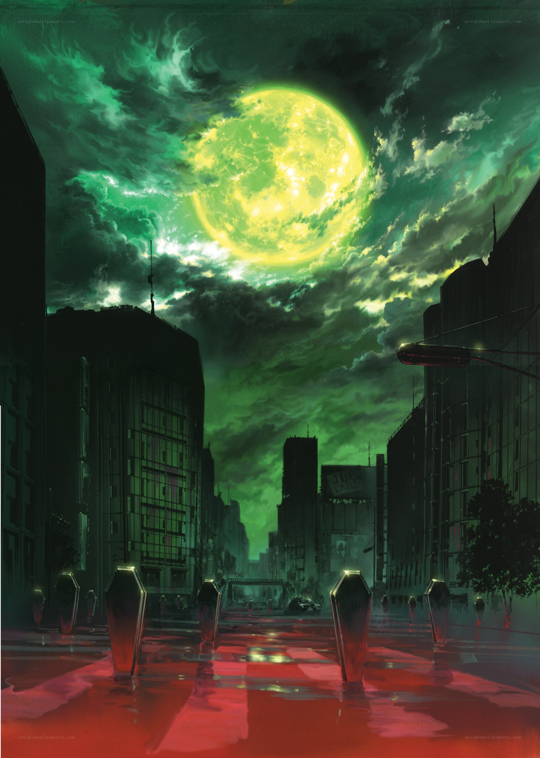 City street under green moon
