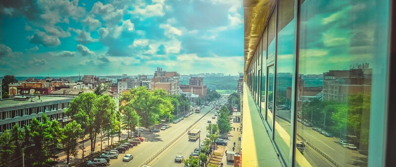 City Street View from Window — Blue