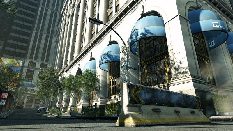 City street with bank building