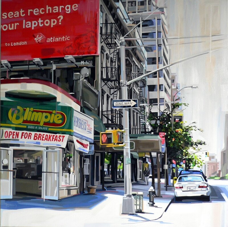 City street with Blimpie and Virgin ad
